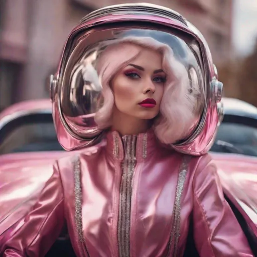 Prompt: Detailed photo editorial, Future retro pink Cadillac with a beautiful young girl with big eyes and pink lips, wearing a vintage silver futuristic motor suit and helmet, smiling in the mirror from the car, photorealistic 