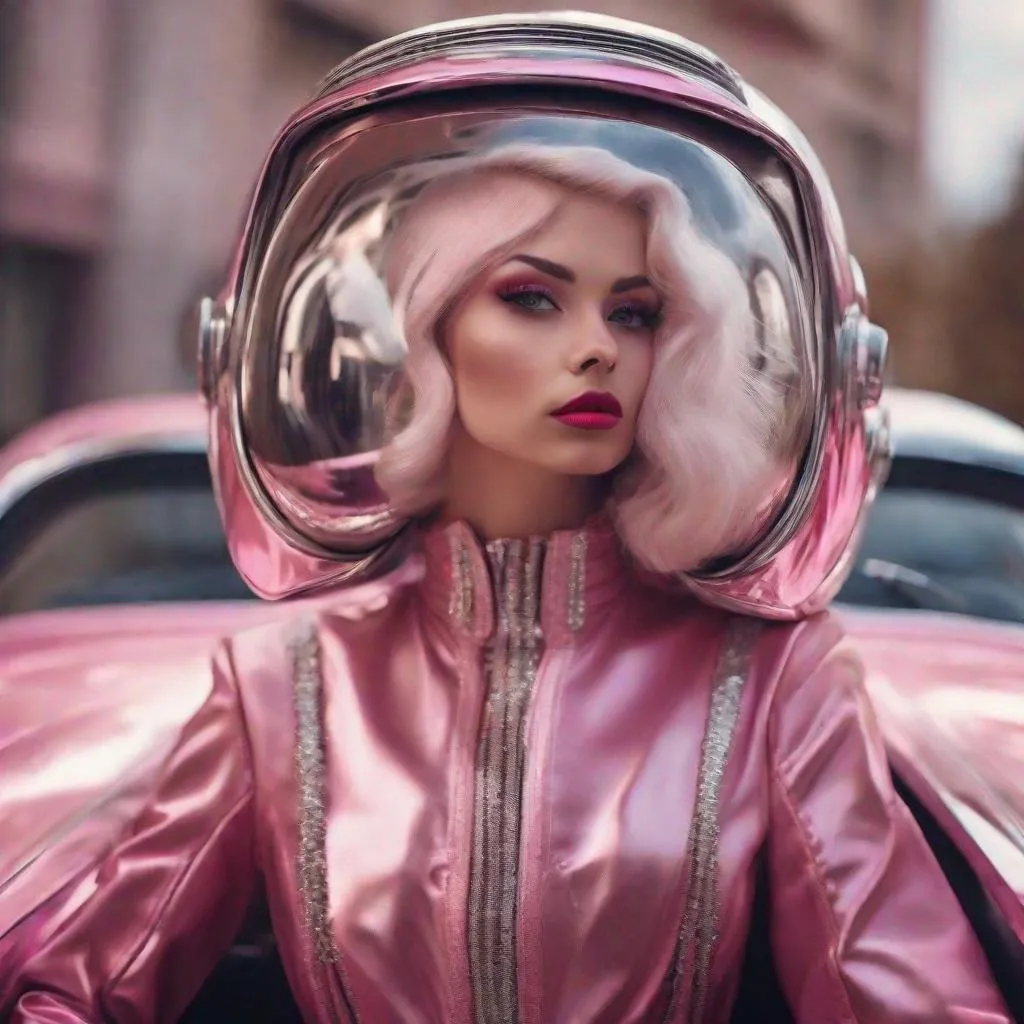 Prompt: Detailed photo editorial, Future retro pink Cadillac with a beautiful young girl with big eyes and pink lips, wearing a vintage silver futuristic motor suit and helmet, smiling in the mirror from the car, photorealistic 