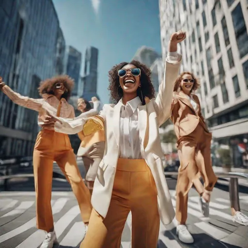 Prompt: High resolution Fashion editorial, detailed beautiful happy cheerfully smiling with arms up young women from different countries wearing glamour colorfully suits seventies style with big glasses, wearing the newest model white Nike sneakers, surrounded by big high offices buildings on a sunny day, photorealistic from a hasselblad shot from below, lens 8 mm