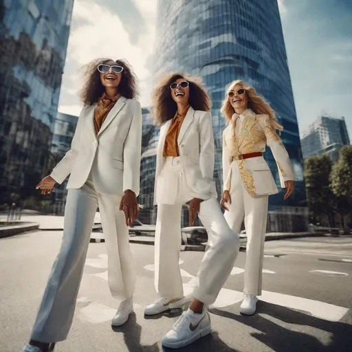 Prompt: High resolution Fashion editorial, detailed beautiful happy cheerfully smiling with arms up young women from different countries wearing glamour colorfully suits seventies style with big glasses, wearing the newest model white Nike sneakers, surrounded by big high offices buildings on a sunny day, photorealistic from a hasselblad shot from below, lens 8 mm