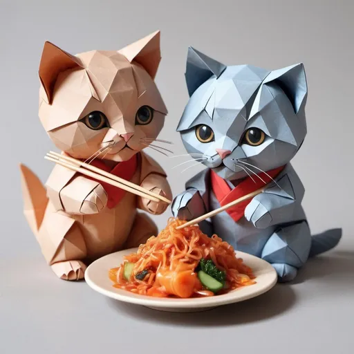 Prompt: Realistic detailed Adored for their cute looks and playfulness mixed kitten bears eating kimchi with chopsticks. They are thought to be rare, as they do not appear often Seoul newspaper aesthetic animal art style made from origami broderie leparello news paper 3D 
