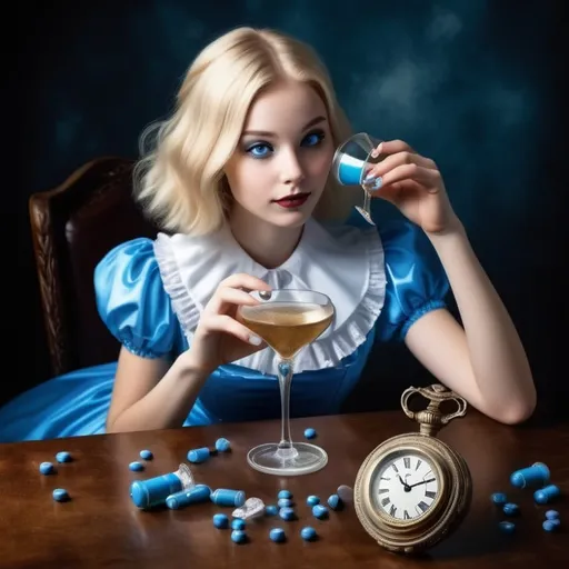 Prompt: Inside the mind of the imaginary wonders of a happy cheerfully having fun young Alice in Wonderland with an old clock, lying down on the ground and drinking champagne in a champagne coupe glass in Wonderland Factory filled with blue pills in diamond shape and medications and champagne