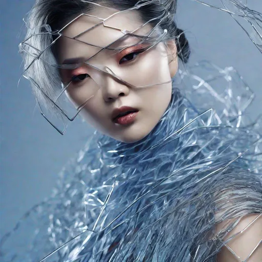 Prompt: glass design,Weaving material ::1 2, laser texture glasses ,A cool Asian woman, cold makeup, with a cold expression, silver hair, lip gloss that matches the color of the lenses, imaginative shapes, bold color schemes, flowing lines, knitted details and texture, rich details and realism, blue and silver color, advertising photography, extremely clean background, and dramatic lighting,Philips Stark