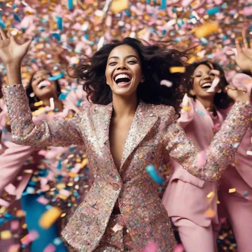 Prompt: High resolution Fashion editorial, overloaded with huge shiny glitter confetti flowers sprinkles from paper made from colorful aluminum sprinkles over the women, closeup detailed beautiful happy cheerfully smiling jumping high in the air with arms up in the air group of young women from different countries Asia and Africa wearing glamour embroidered colorfully soft pastel silk pink black suits seventies style oversized long blazer with detailed huge embroidered daisies and flowers with big oversized glamour flower glasses and pearls, overloaded Pearl necklaces, wearing the newest model white sneakers with wings, celebrating this beautiful day, surrounded by big high offices buildings on a sunny day, overloaded shiny glitter confetti flowers sprinkles made from colorful aluminum sprinkles over the women, photorealistic high resolution lens wide angle shot from below, lens 8 mm