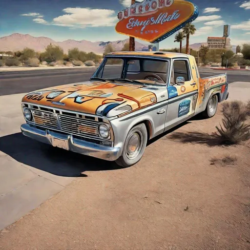 Prompt: Detailed photorealistic Future retro vintage Ford 2055 painted on a billboard in Las Vegas 