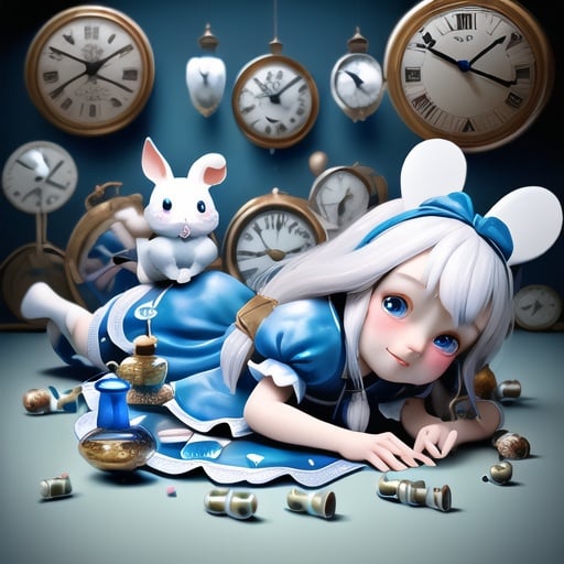 Prompt: Inside the mind of the imaginary wonders of a happy cheerfully detailed beautiful Asian Alice in Wonderland with blue dress and blue headband, lying rolling around on the ground in a beautiful surrealistic overwhelming infinity Wonderland Factory filled with overloaded colorful pills and medications in jars, on the ground and everywhere, floating tiny white dandy fluffy hairy rabbits looking at their old clock, by artist Mark Ryder