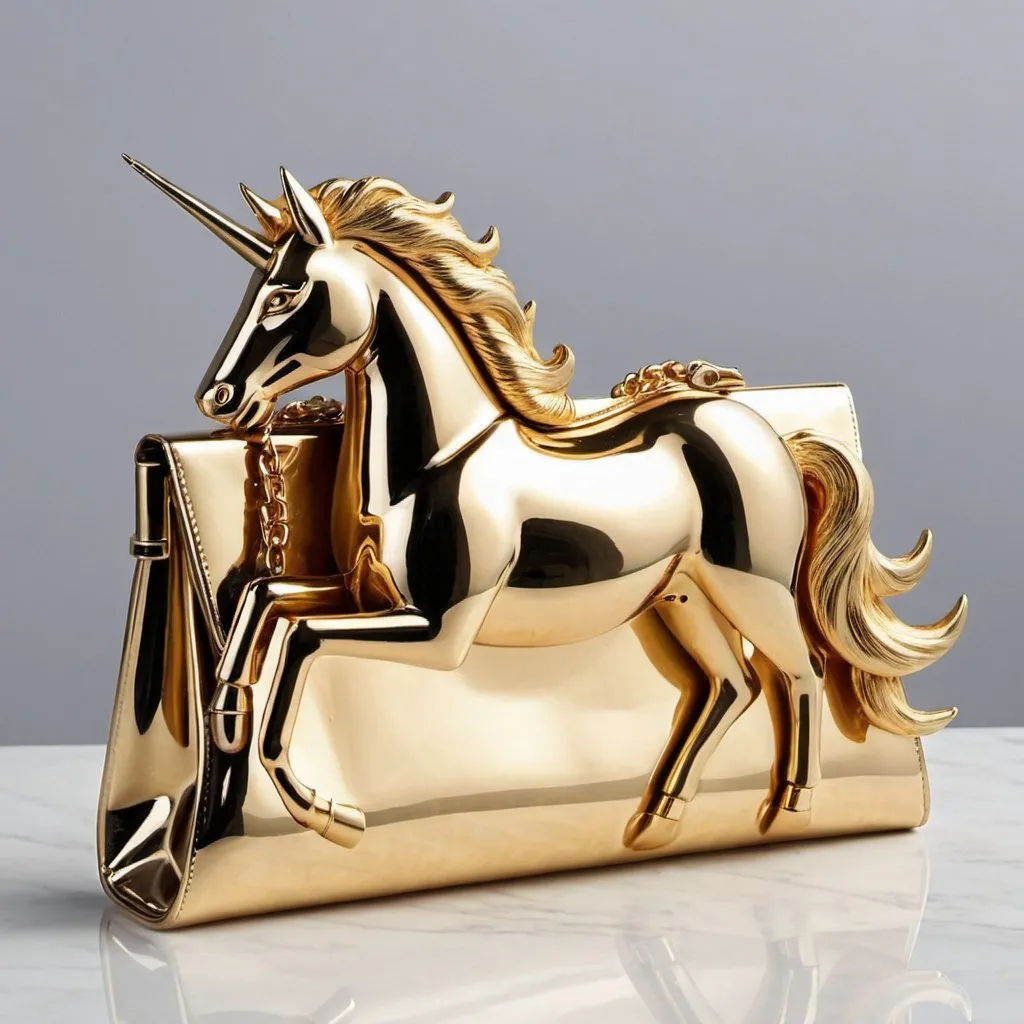 Prompt: Photo of a minimalistic glamour renaissance huge golden unicorn clutch, 2055