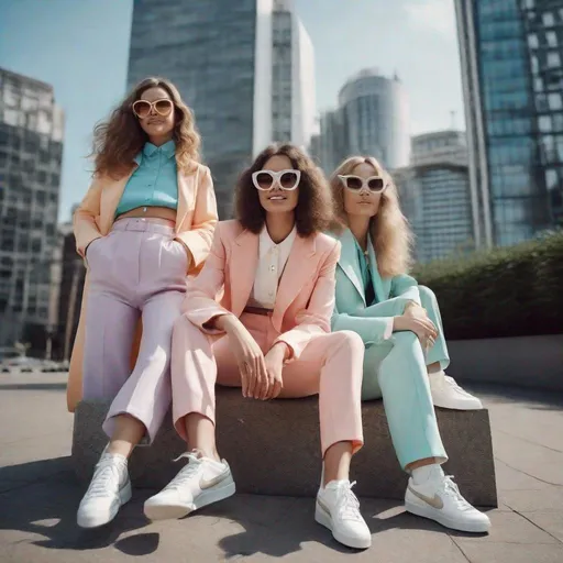 Prompt: Fashion editorial, beautiful happy smiling young women wearing pastel colorfully suits seventies style with big glasses, wearing the newest model white Nike sneakers, surrounded by big high offices buildings on a sunny day, photo from a hasselblad