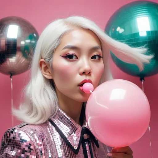 Prompt:  detailed Portrait Detailed beautiful Asian Human super model rabbit hybrid woman with white hair white skin, Smokey eyes, pink lips, clair obscur, blowing a pink chewing gum balloon, vintage retro look, pastel colors looking mesmerizing with reflections in a disco ball infinity, by Wes Anderson and Mark Ryder