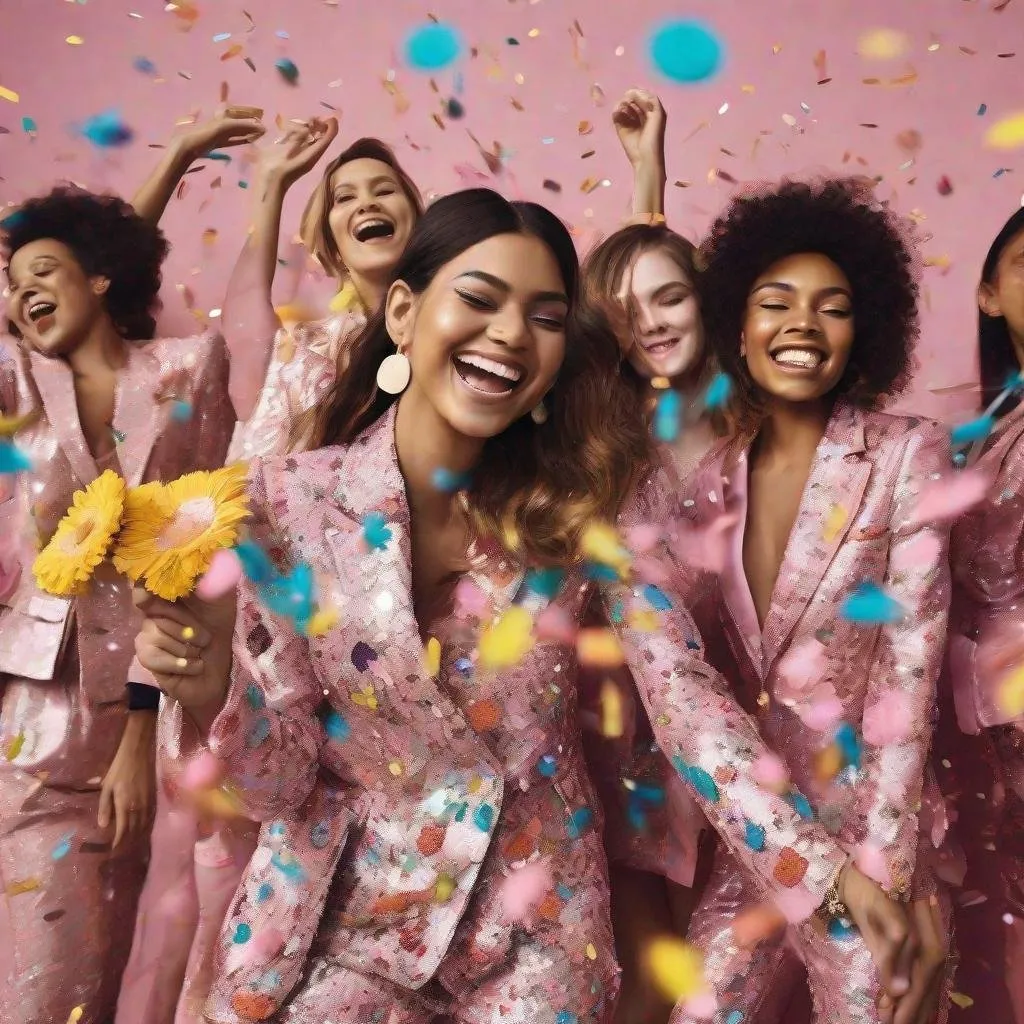 Fashion, excited and women in studio with confetti for party