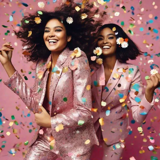 Prompt: High resolution Fashion editorial, overloaded with huge shiny glitter confetti flowers sprinkles from paper made from colorful aluminum sprinkles over the women, closeup detailed beautiful happy cheerfully smiling jumping high in the air with arms up in the air group of young women from different countries Asia and Africa wearing glamour embroidered colorfully soft pastel silk pink black suits seventies style oversized long blazer with detailed huge embroidered daisies and flowers with big oversized glamour flower glasses and pearls, overloaded Pearl necklaces, wearing the newest model white sneakers with wings, celebrating this beautiful day, surrounded by big high offices buildings on a sunny day, overloaded shiny glitter confetti flowers sprinkles made from colorful aluminum sprinkles over the women, photorealistic high resolution lens wide angle shot from below, lens 8 mm