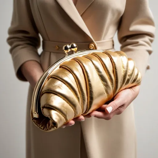 Prompt: Photo of a minimalistic glamour renaissance croissant clutch made from gold