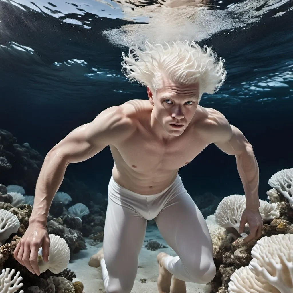 Prompt: Detailed photo high resolution deep sea photo for National Geographic mens health Vogue Sports Illustrated, handsome muscle well trained body albino model, short white hair and black skin, floating in the sea and looking at the oxygen air bubbles underneath moving body and hands and legs, caught in a huge white coral reef, climate change 2055, shot from behind by Terry oNeill soft box