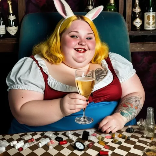 Prompt: Inside the mind of the imaginary wonders of a happy cheerfully greedy obese chubby Alice with a rabbit tattoo on her arm, lying on the ground and drinking champagne in a champagne coupe glass in Wonderland Factory filled with pills and medications and beers champagne 