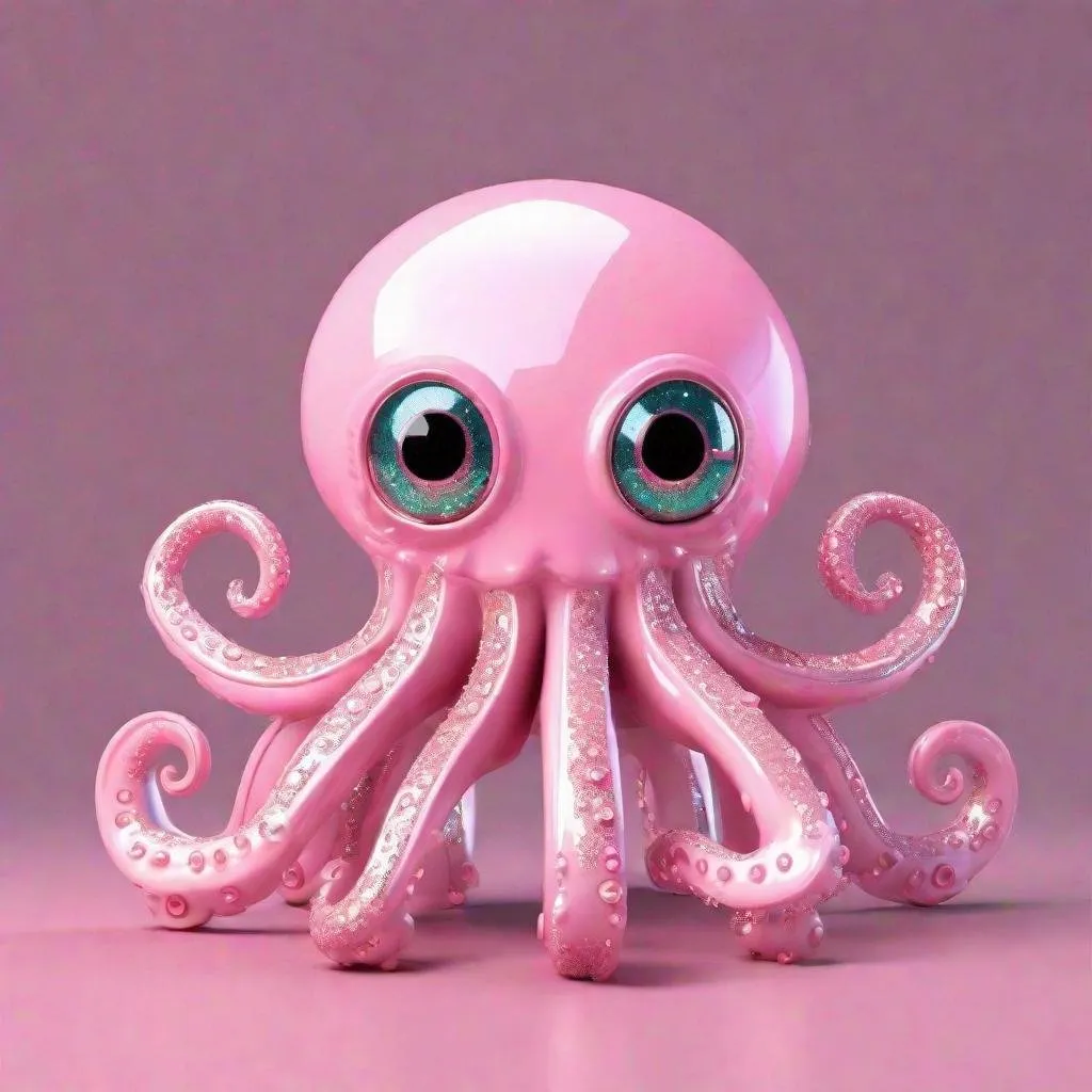 Prompt: Futuristic pastel pink 3D iron reflecting cute kawai octopus with big eyes with ocean background and glitters