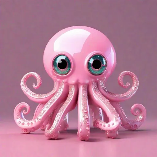 Prompt: Futuristic pastel pink 3D iron reflecting cute kawai octopus with big eyes with ocean background and glitters