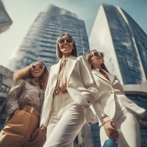 Prompt: High resolution Fashion editorial, detailed beautiful happy cheerfully smiling with arms up young women from different countries wearing glamour colorfully suits seventies style with big glasses, wearing the newest model white Nike sneakers, surrounded by big high offices buildings on a sunny day, photorealistic from a hasselblad shot from below, lens 8 mm