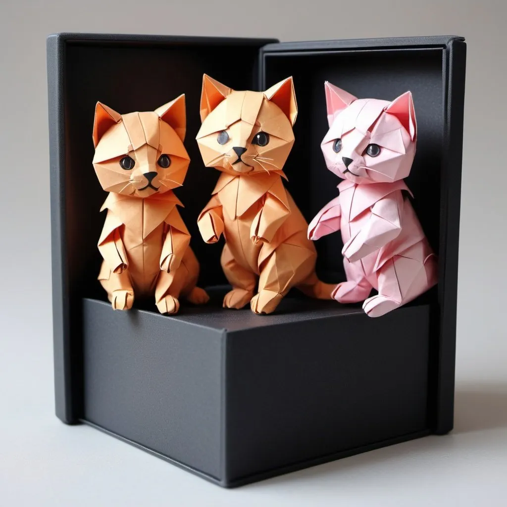 Prompt: Realistic detailed Adored for their cute looks and playfulness jumping mixed kitten bears Jedis. They are thought to be rare, as they do not appear often Seoul newspaper aesthetic animal art style made from origami broderie leparello playing in a carbon box 3D 
