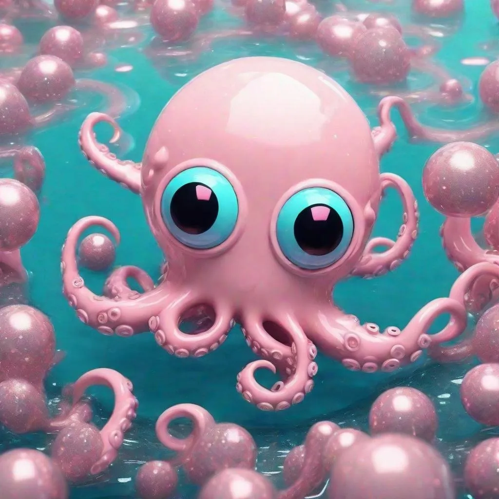 Prompt: Futuristic pastel pink 3D iron reflecting cute kawai octopus with big eyes with ocean background and glitters