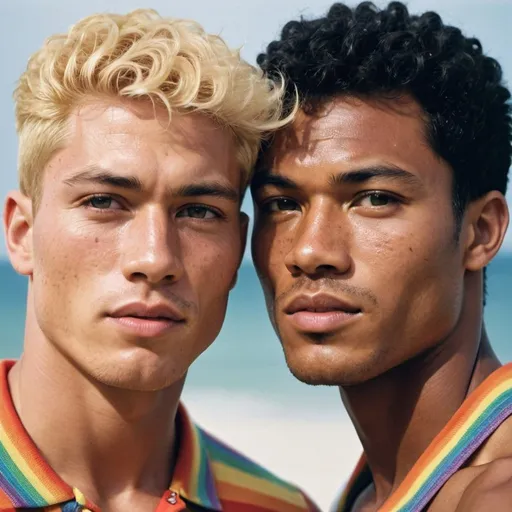 Prompt: Detailed high resolution 3000 dpi editorial for sportive muscle athletic men rainbow fashion editorial Sports Illustrated cover, closeup detailed handsome sportive muscle 30 years old American Asian male super model with freckles and 1 mm blond hair dancing together with a 30 years old young sportive muscle Afro American male super model with blonde 1mm short hair and freckles in the face, looking at each other, wearing a Chanel rainbow transparent black polo shirts, 2055, Canon CN-E 14-35mm T1.7L S M objectief, photo shot by Slim Aarons