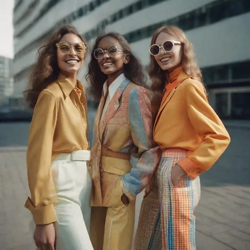 Prompt: Fashion editorial, beautiful happy cheerfully smiling young women from different countries wearing colorfully suits seventies style with big glasses, wearing the newest model white Nike sneakers, surrounded by big high offices buildings on a sunny day, photo from a hasselblad