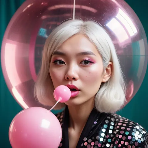 Prompt:  detailed Portrait Detailed beautiful Asian Human super model rabbit hybrid woman with white hair white skin, Smokey eyes, pink lips, clair obscur, blowing a pink chewing gum balloon, vintage retro look, pastel colors looking mesmerizing with reflections in a disco ball infinity, by Wes Anderson and Mark Ryder