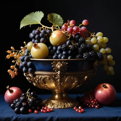 Prompt: Still Life photo clair-obscur, detailed gold renaissance fruit bowl filled with overloaded big blue grapes, blue berries, pomegranate, red berries, passion fruit, blackberries with black background, in the style of Johannes Vermeer