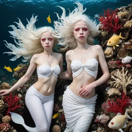 Prompt: Detailed photo high resolution National Geographic, a beautiful exhausted twin albino mermaids with white tail, with white hair and white skin, red eyes, swimming into the currant in a polluted dirty sea filled with plastic trash  and dead tropical fish, huge tropical coral is wasted in the big ocean, climate change 2055
