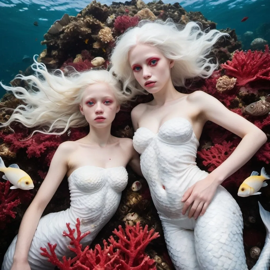 Prompt: Detailed photo high resolution National Geographic, a beautiful exhausted twin albino mermaids with white tail, with white hair and white skin, red eyes, wearing a shell top, laying dead in the sea into the currant in a polluted dirty sea filled with plastic trash  and dead tropical fish, huge tropical coral is wasted in the big ocean, climate change 2055