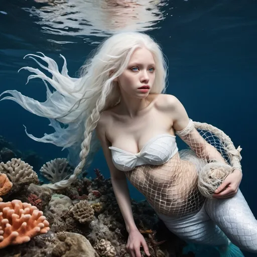 Prompt: Detailed photo high resolution National Geographic, a beautiful albino mermaid with white hair and white skin is caught in a fishnet, taking away ghost nets from the coral in the sea