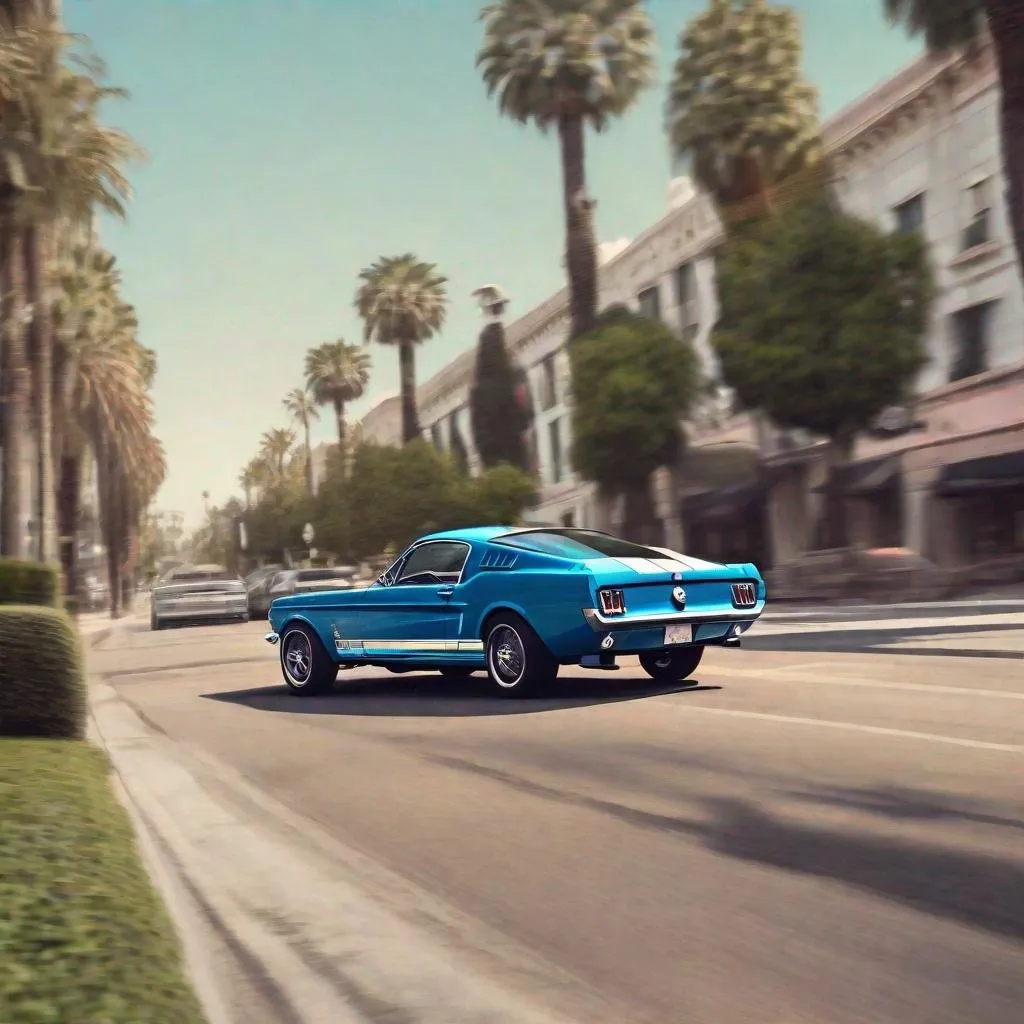 Prompt: Detailed photorealistic Future retro vintage Ford Mustang driving through Beverly Hills 2055