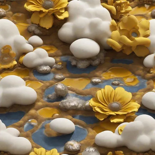 Prompt: Detailed 3D render of a detailed melting denim Gaudí yellow Cloudy neo classism bauhaus factory with oker fabrics holes and white circles in the white fluffy clouds surrounded by huge giant huge yellow flowers surrounded by oker water filled with brown giant stones, hyper realism surrealism hasselblad