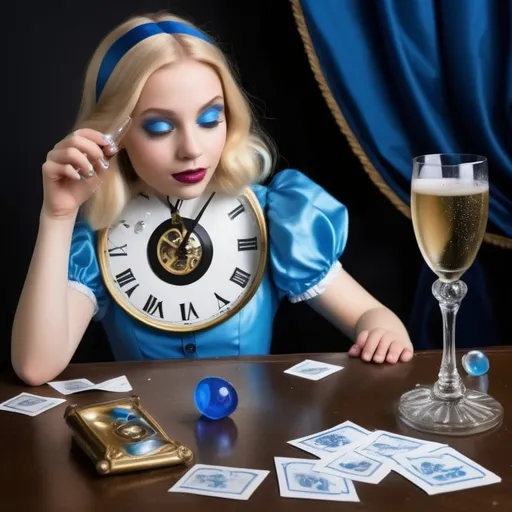 Prompt: Inside the mind of the imaginary wonders of a happy cheerfully having fun young Alice in Wonderland with an old clock, lying down on the ground and drinking champagne in a champagne coupe glass in Wonderland Factory filled with blue pills in diamond shape and medications and beers champagne and tiny white envelopes