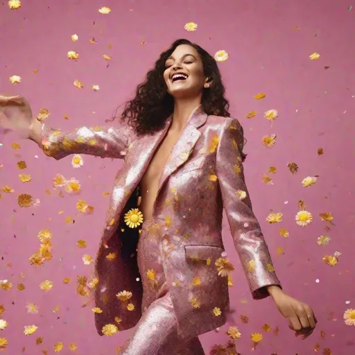 Prompt: High resolution Fashion editorial, overloaded shiny glitter confetti flowers sprinkles made from colorful aluminum sprinkles over the women, closeup detailed beautiful happy cheerfully smiling jumping high in the air with arms up in the air group of young women from different countries wearing glamour embroidered colorfully soft pastel silk pink black suits seventies style oversized long blazer with detailed huge embroidered daisies and flowers with big oversized glamour flower glasses and pearls, overloaded Pearl necklaces, wearing the newest model white sneakers with wings, celebrating this beautiful day, surrounded by big high offices buildings on a sunny day, overloaded shiny glitter confetti flowers sprinkles made from colorful aluminum sprinkles over the women, photorealistic from a hasselblad shot from below, lens 8 mm