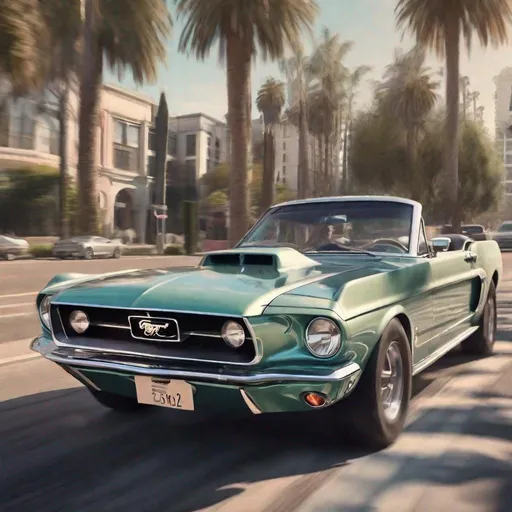 Prompt: Detailed photorealistic Future retro vintage Ford Mustang driving through Beverly Hills 2055