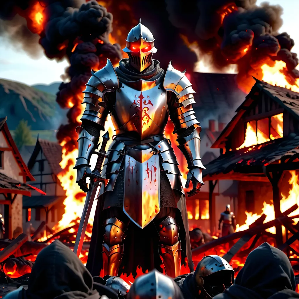 Prompt: An evil knight with glowing red eyes standing over bodies in a burning village , 4K , high-quality , Realistic , Ray Tracing 