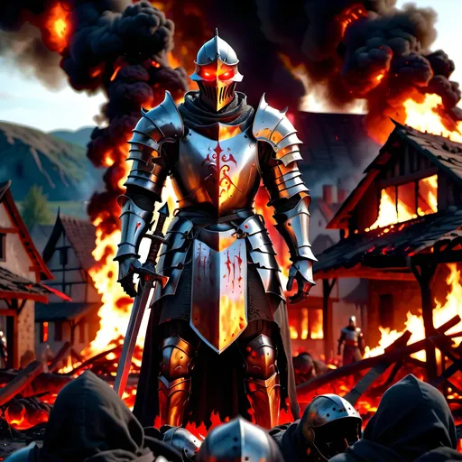 Prompt: An evil knight with glowing red eyes standing over bodies in a burning village , 4K , high-quality , Realistic , Ray Tracing 