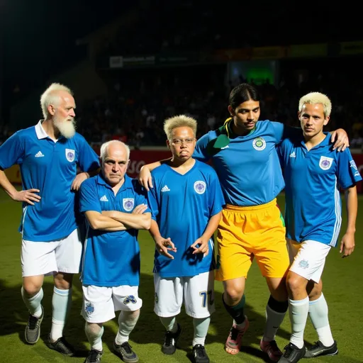 Prompt: grumpy old Scottish soccer players, five figures with expressive faces, playful tension, diverse poses, traditional soccer attire, aged features, lively atmosphere, vivid contrast with a young Indian man in colorful traditional clothing, showcasing pride and culture, alongside a stunning young Brazilian supermodel in fashionable attire, warm lighting, an outdoor soccer pitch backdrop, captivating interaction, ultra-detailed, vibrant colors.