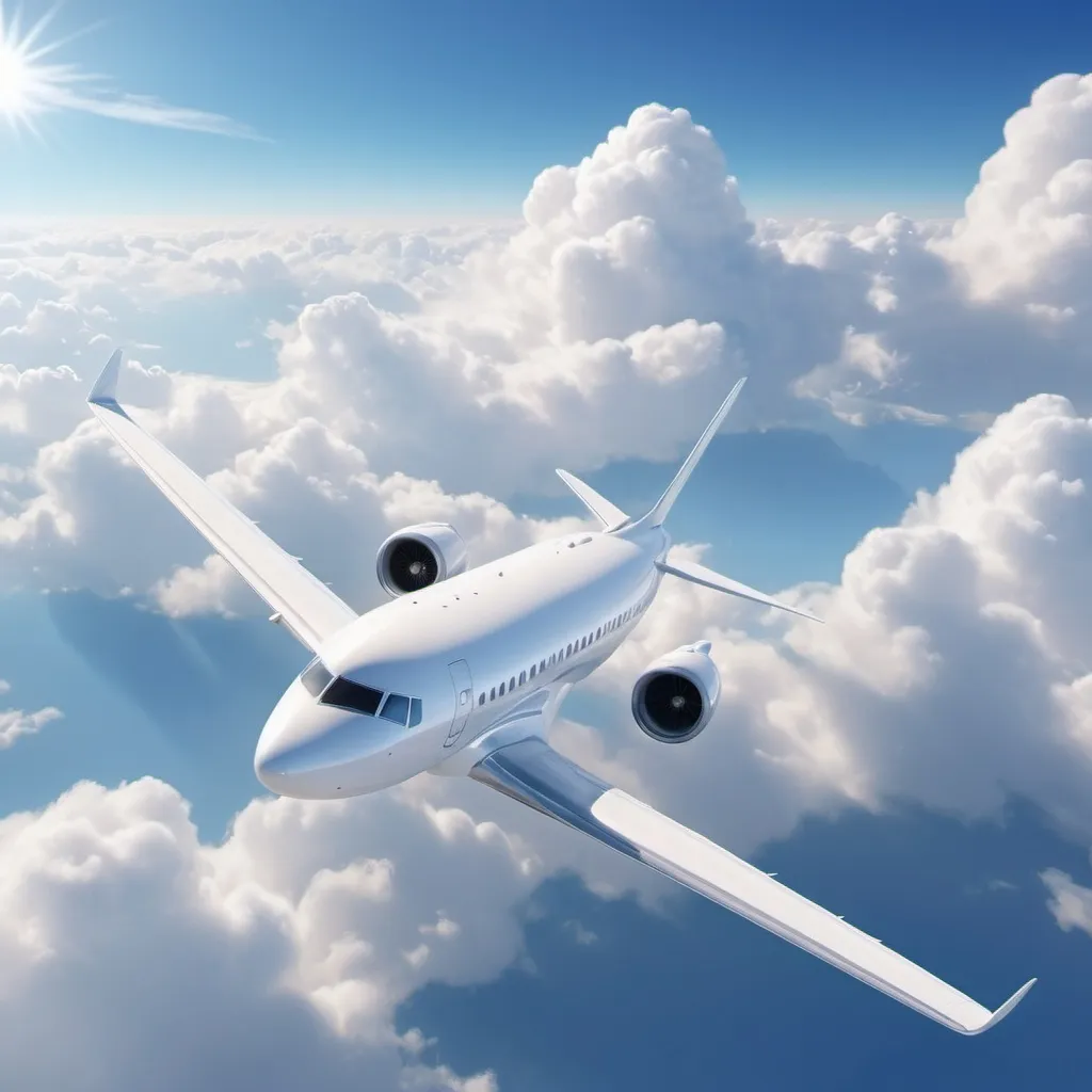 Prompt: a white plane against a blue sky with a few clouds pointed up with straight wings


