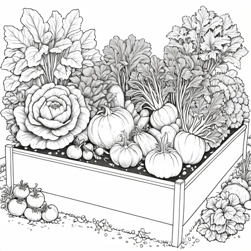 Prompt: B&W coloring book page, variety of vegetables growing in a raised garden bed, line art, solid white background