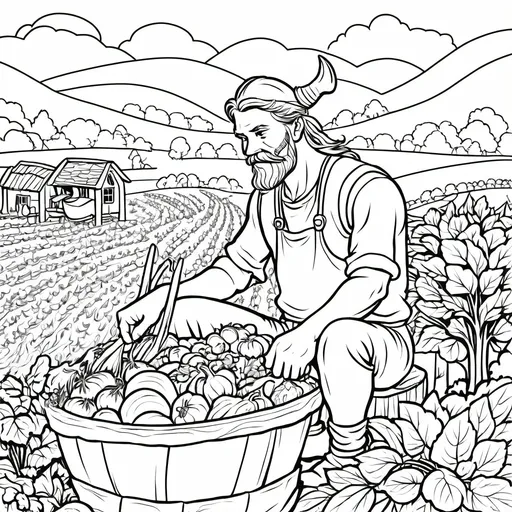 Prompt: B&W coloring book page,viking farmer working on farm growing vegetables, line art, solid white background
