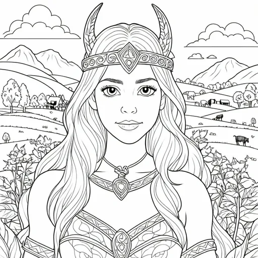 Prompt: B&W coloring book page, norse pagan farm, line art, solid white background