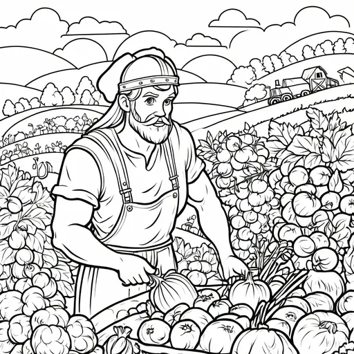 Prompt: B&W coloring book page,viking farmer working on farm growing vegetables, line art, solid white background