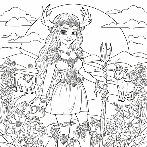 Prompt: B&W coloring book page, norse pagan farm, line art, solid white background