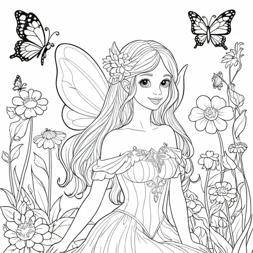 Prompt: B&W coloring book page, fairy flower garden, line art, solid white background