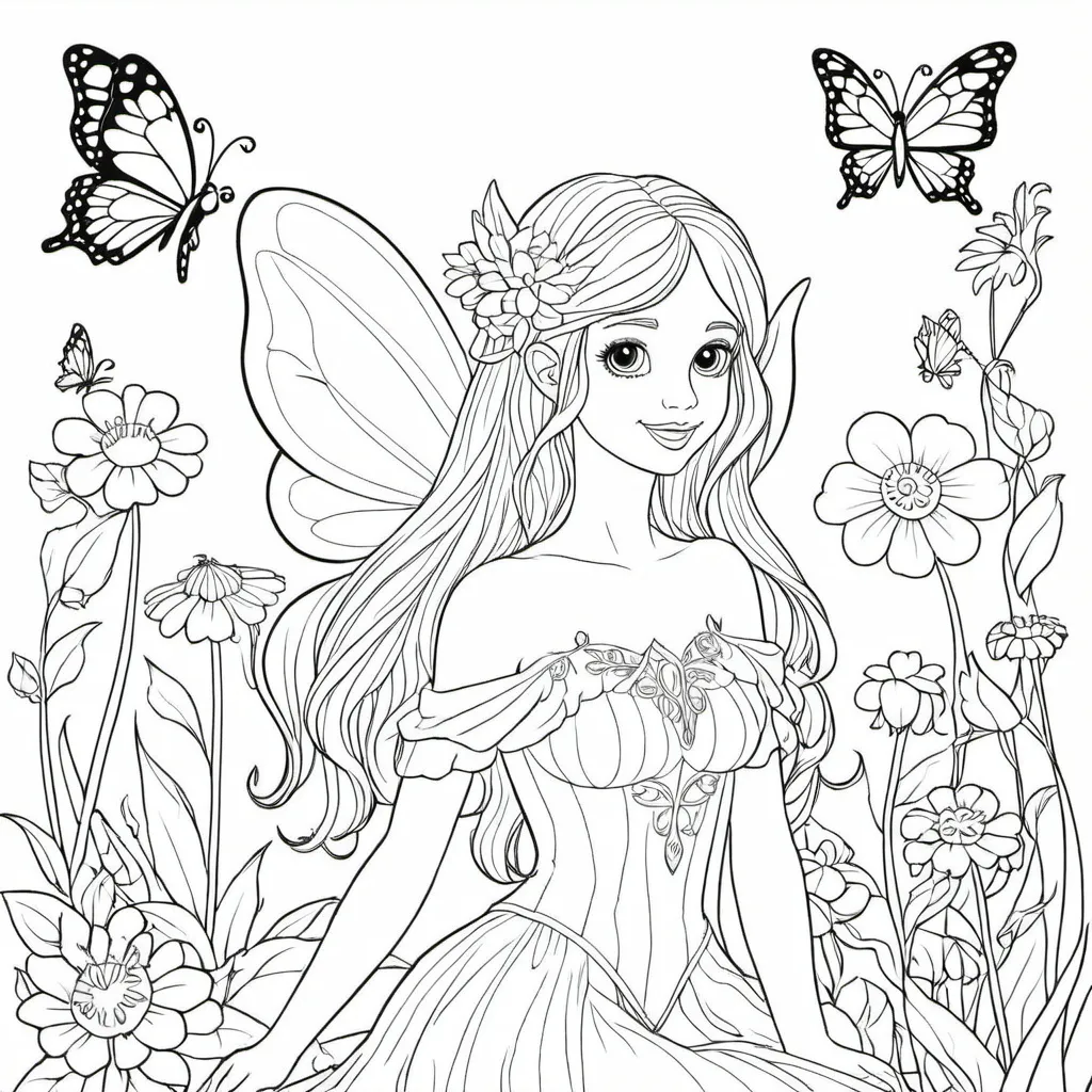 Prompt: B&W coloring book page, fairy flower garden, line art, solid white background