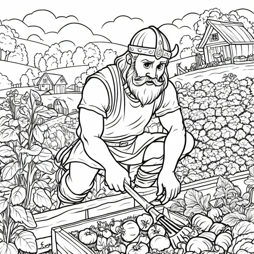 Prompt: a viking farmer gripping a hoe working hard growing vegetables in a raised bed garden with his children playing in the background