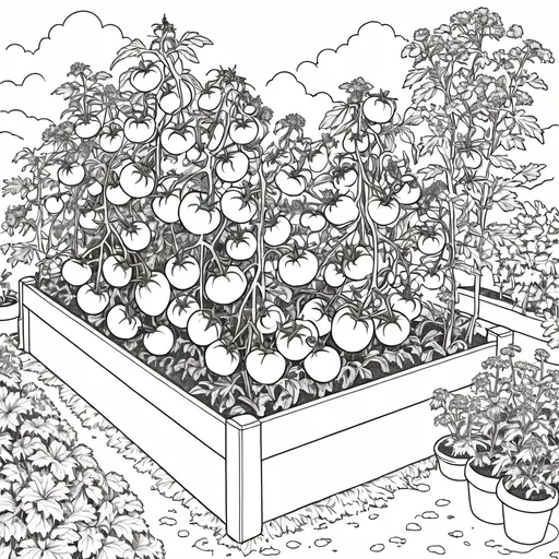 Prompt: B&W coloring book page, tomatoes peppers and marigolds growing in a rised garden bed, line art, solid white background