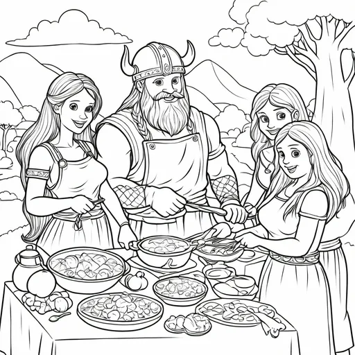 Prompt: B&W coloring book page, viking family cooking dinner together, line art, solid white background