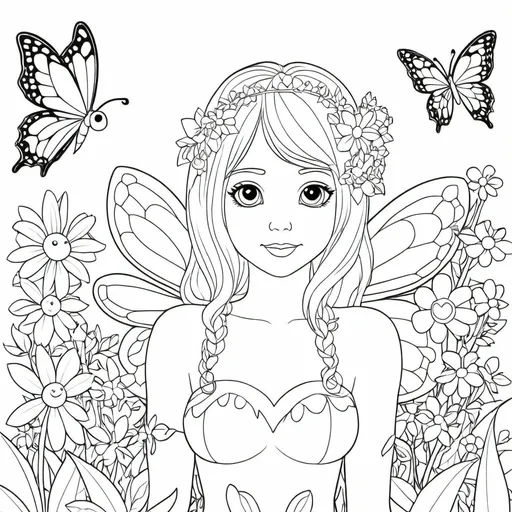 Prompt: B&W coloring book page, fairy flower garden, line art, solid white background